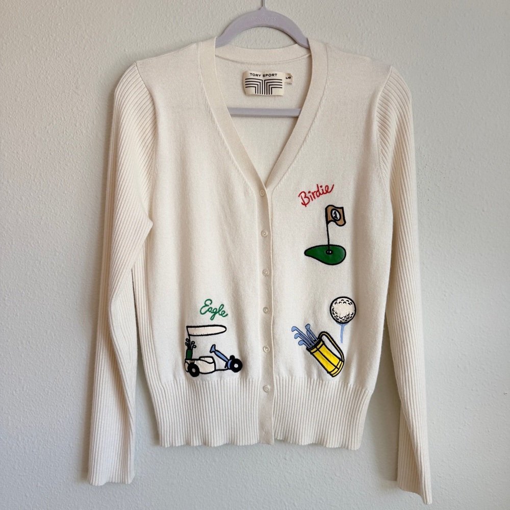 Tory Sport Cream Cardigan with Golf Embroidery